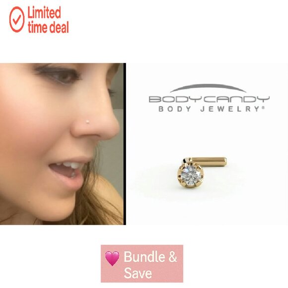 14K Gold Diamond Nose Stud 1.5mm 20 Gauge L-Shaped Piercing Jewelry - Picture 8 of 8
